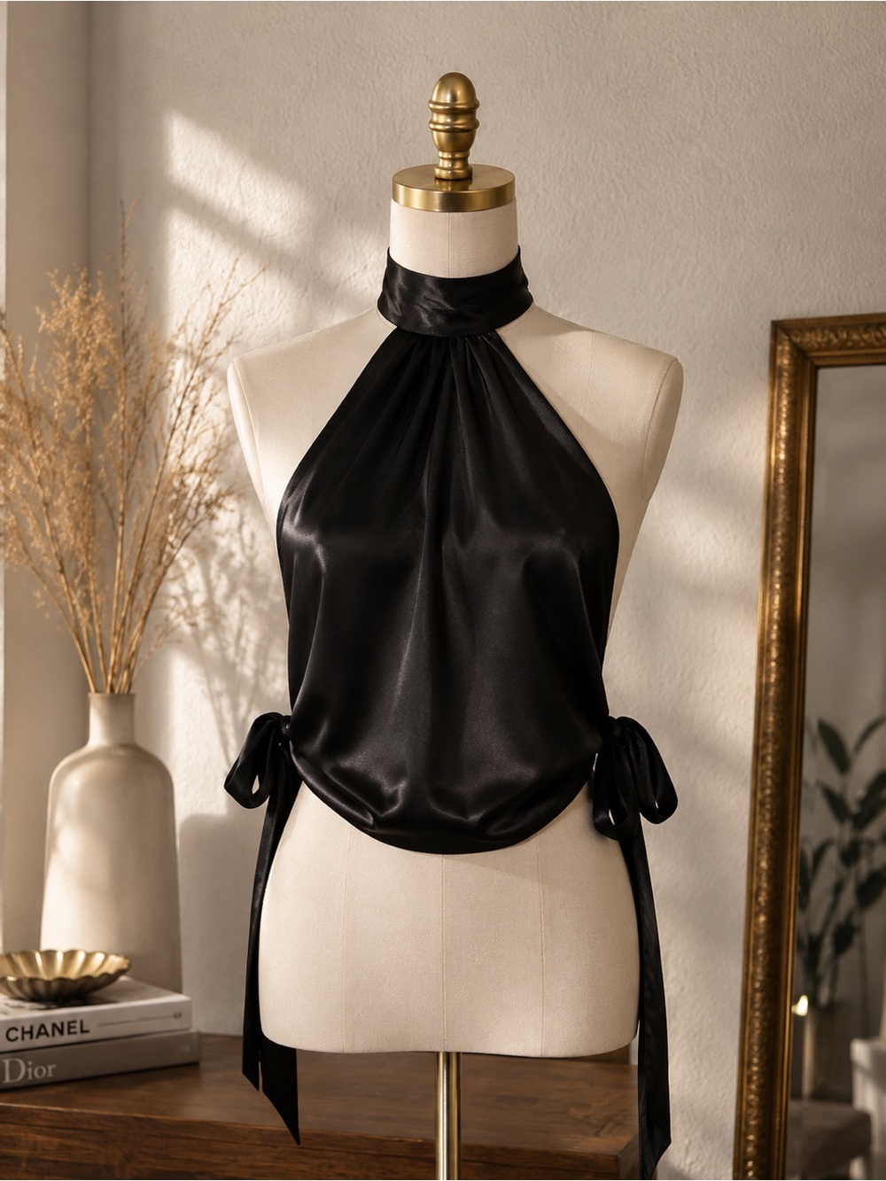 Sincerely Jules Black Satin Halter Tie-Side Camisole